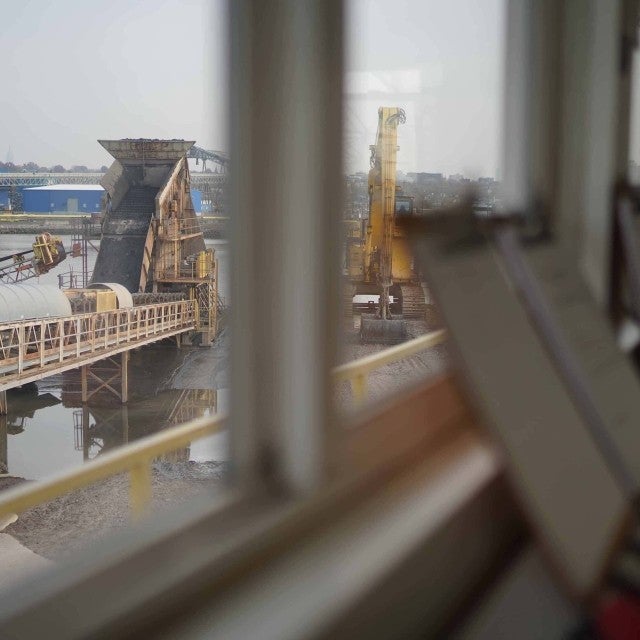 dredge work site through control tower window