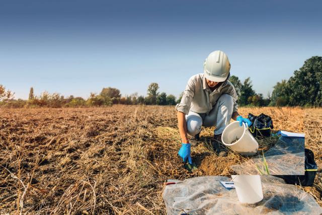 woman in field collecting soil sample