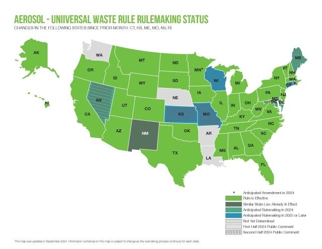Map of Aerosols as Universal Waste Rulemaking Status by State September 2024